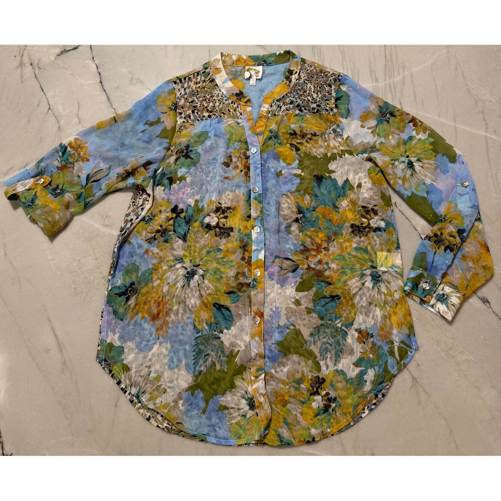 Fig and Flower Womens XL Floral Leopard Print Roll Tab Blouse Sheer Button Down